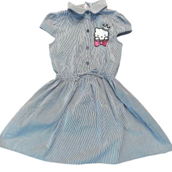 Sanrio Hello Kitty Girl’s 5  Navy White Pinstriped Button Front Shirt Dress - Picture 1 of 6
